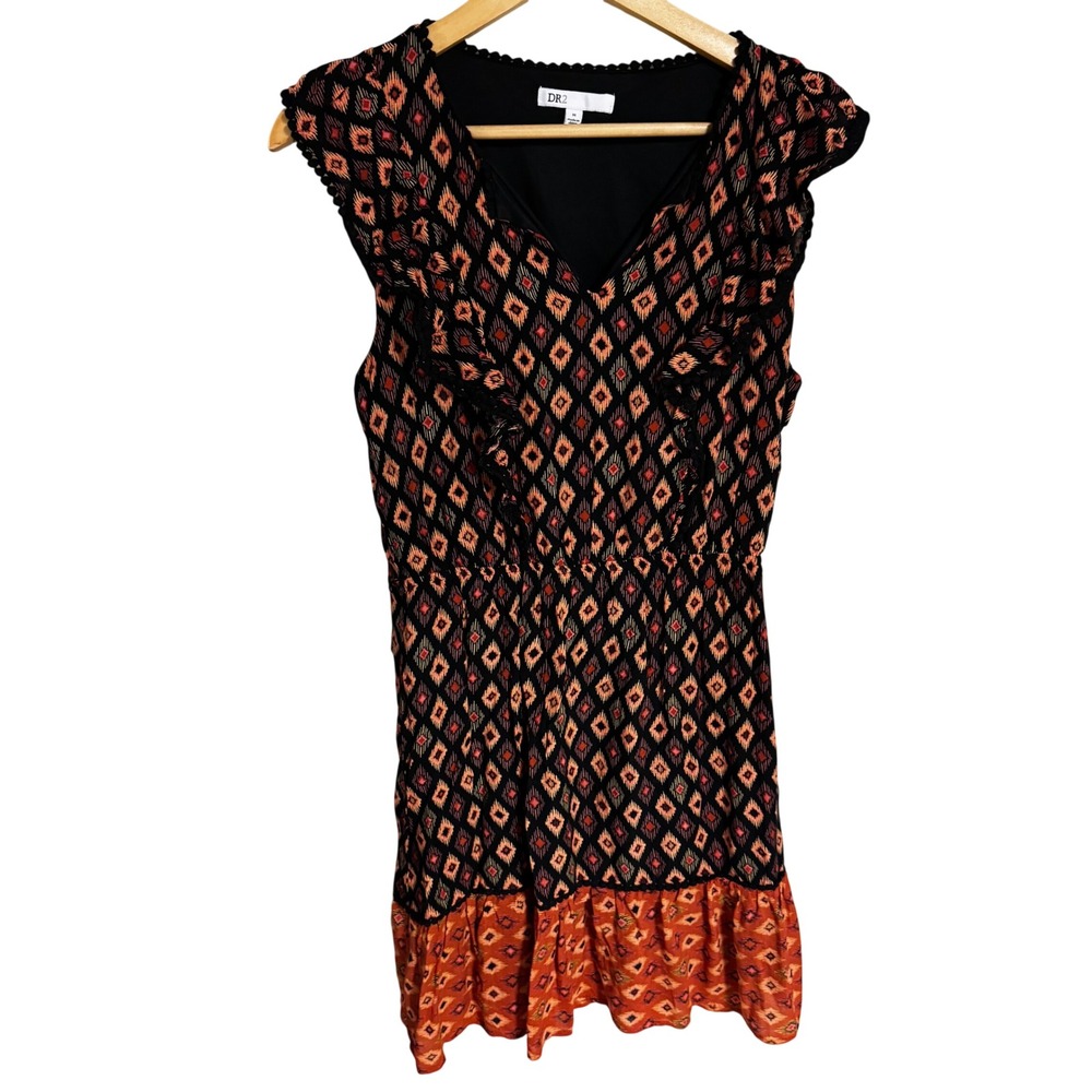 DR2 by Daniel‎ Rainn Womens Geometric Ikat Ruffle Mini Dress Black Orange Medium